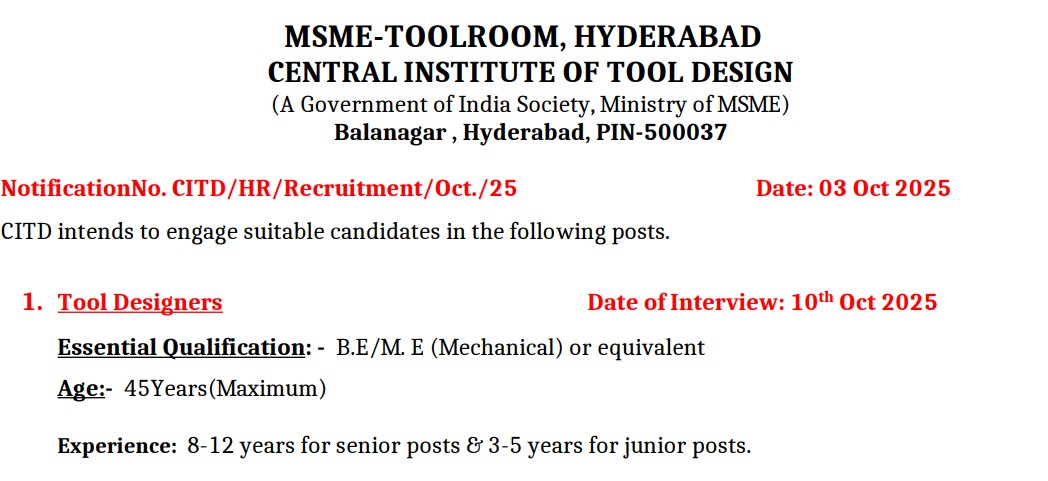 CITD Hyderabad Hostel Warden Recruitment 2025